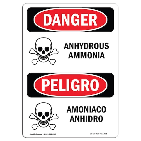 Signmission Safety Sign, OSHA Danger, 14" Height, Rigid Plastic, Anhydrous Ammonia Bilingual Spanish OS-DS-P-1014-VS-1028